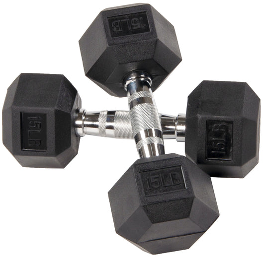 Rubber Encased Hex Dumbbells, 15 lbs Pair, Black,Knurled chrome handles