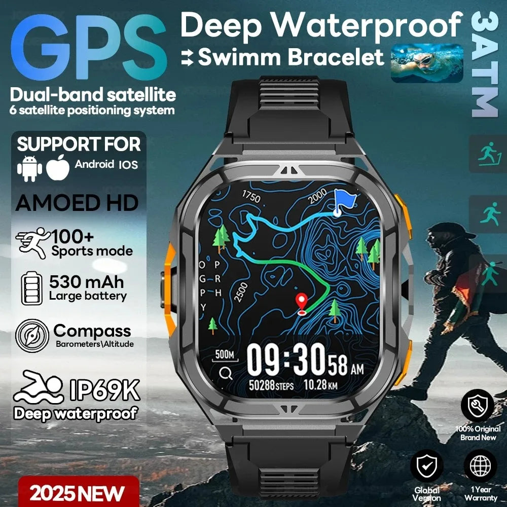 2025 New GPS Smart Watch Men 1.96-inch HD AMOLED Screen Compass Bluetooth Call 5ATM Waterproof Sport Smart Watch for Android iOS