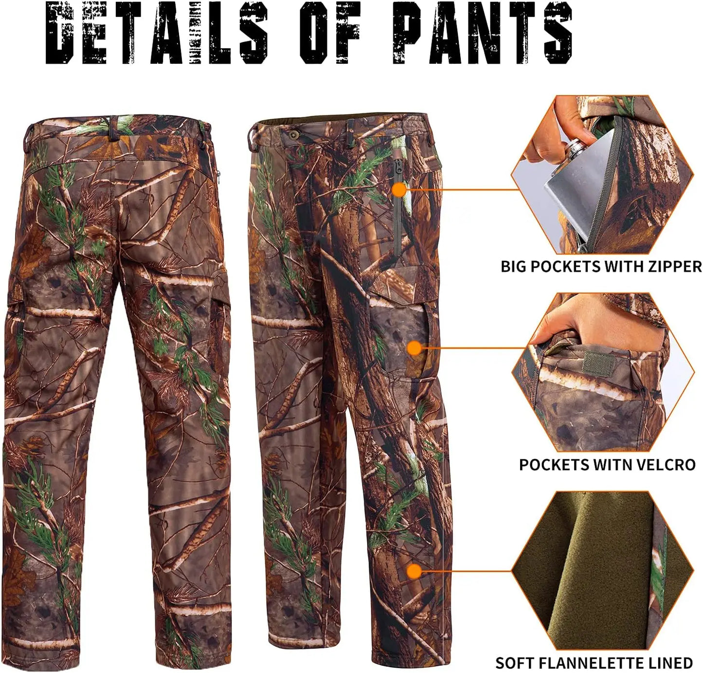 Hunting Pants for Men Camouflage Clothing Gear Windproof Fleece Lined for Winter