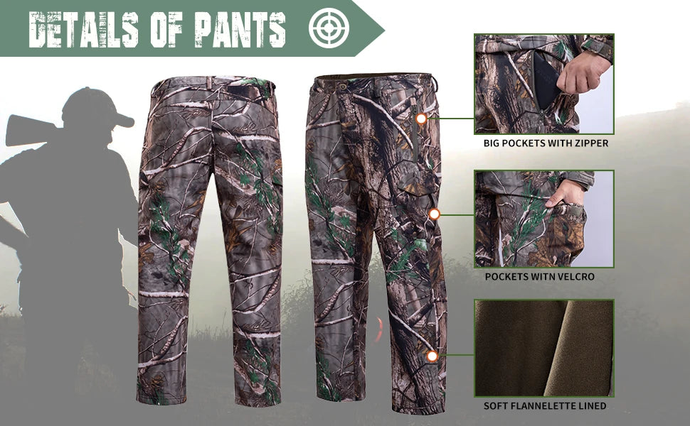 Hunting Pants for Men Camouflage Clothing Gear Windproof Fleece Lined for Winter