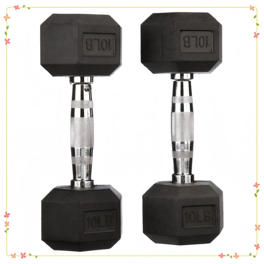 10lb Rubber Encased Hex Dumbbell Pair Black, Non-Roll Design for Home Gym, Strength Training & Weightlifting