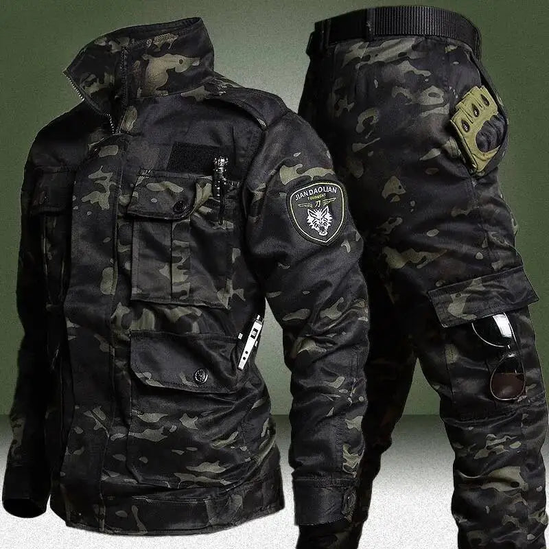 Hunting Wear Resistant Sets Men Spring Autumn Multi Pocket Camo Suits Male Outdoor Training Fishing Cargo Set