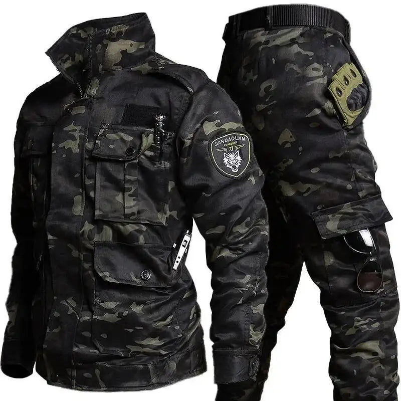 Hunting Wear Resistant Sets Men Spring Autumn Multi Pocket Camo Suits Male Outdoor Training Fishing Cargo Set