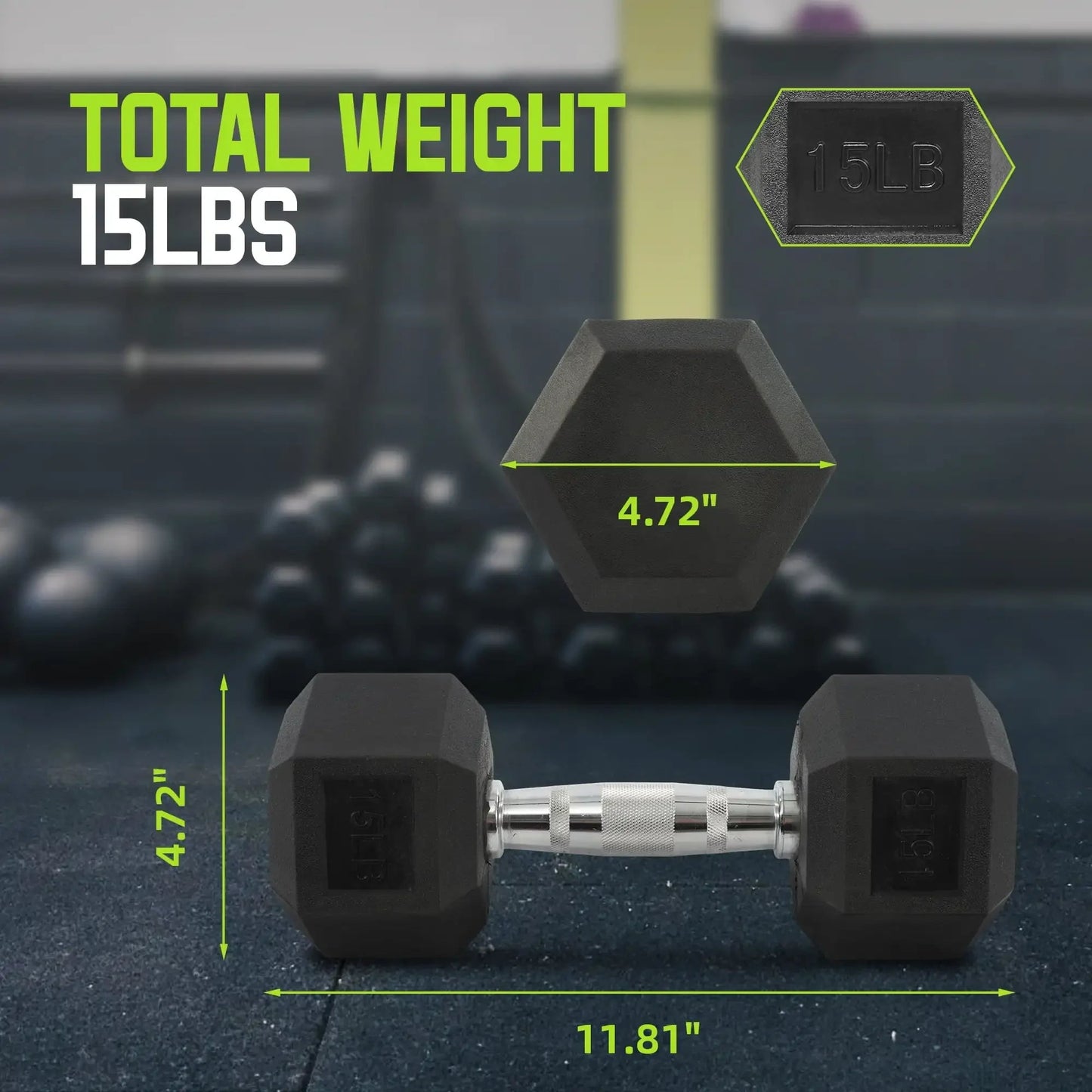 Rubber Encased Hex Dumbbells, 15 lbs Pair, Black,Knurled chrome handles 7 Sister Stars LLC