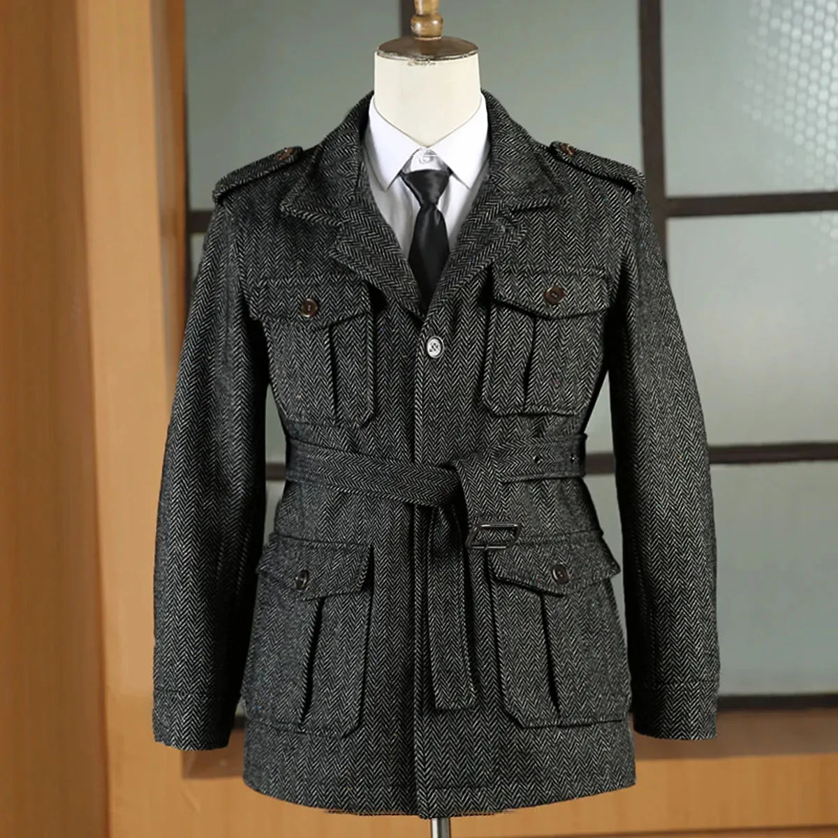 Hunting jacket British Men's Retro Multi-pocket Sport Coat With Belt Herringbone Business Causal Lapel Suit Blazers Tuxedos