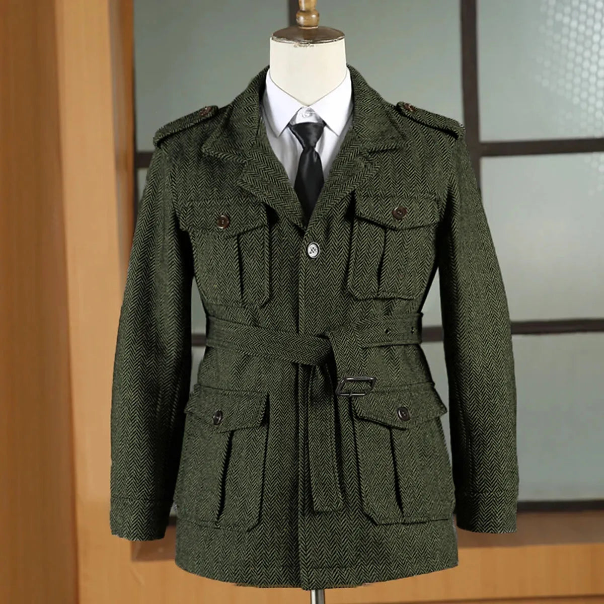 Hunting jacket British Men's Retro Multi-pocket Sport Coat With Belt Herringbone Business Causal Lapel Suit Blazers Tuxedos