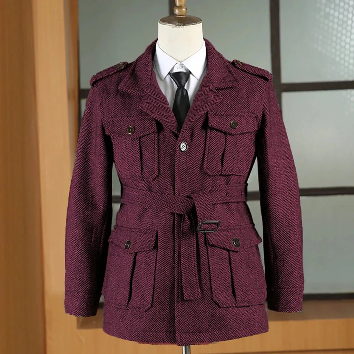 Hunting jacket British Men's Retro Multi-pocket Sport Coat With Belt Herringbone Business Causal Lapel Suit Blazers Tuxedos