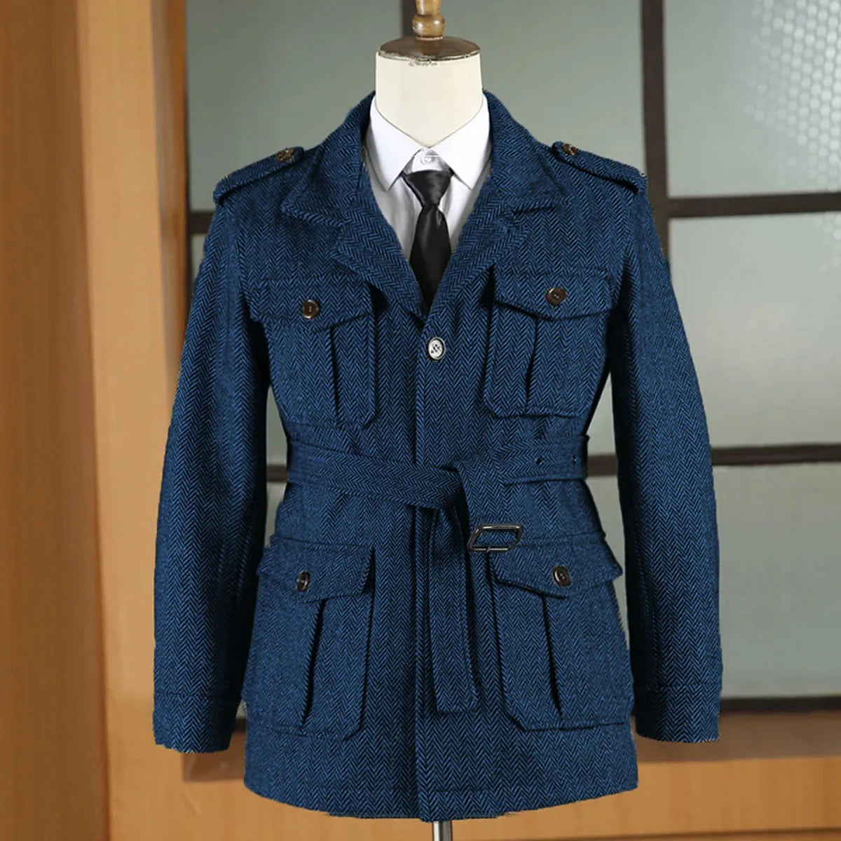 Hunting jacket British Men's Retro Multi-pocket Sport Coat With Belt Herringbone Business Causal Lapel Suit Blazers Tuxedos