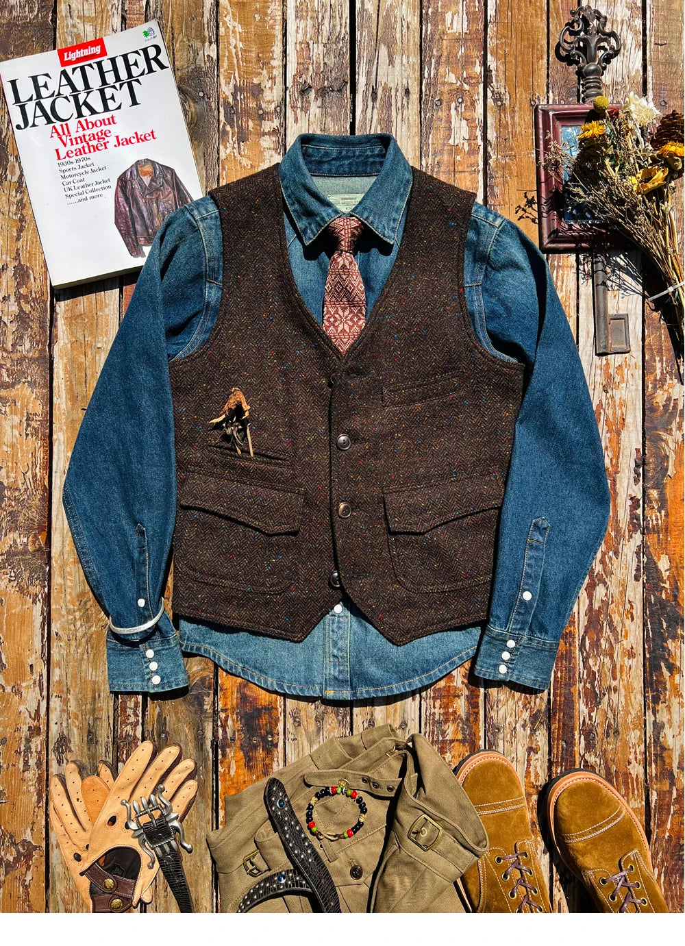 American Retro Heavyweight Tweed Hunting Vest Woolen V-ne Workwear Vest Men's RL Khaki Faion Urban All-Season Slim Fit
