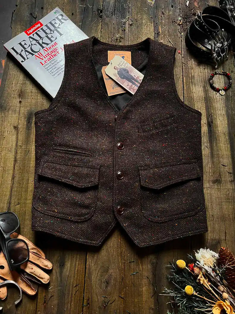 American Retro Heavyweight Tweed Hunting Vest Woolen V-ne Workwear Vest Men's RL Khaki Faion Urban All-Season Slim Fit