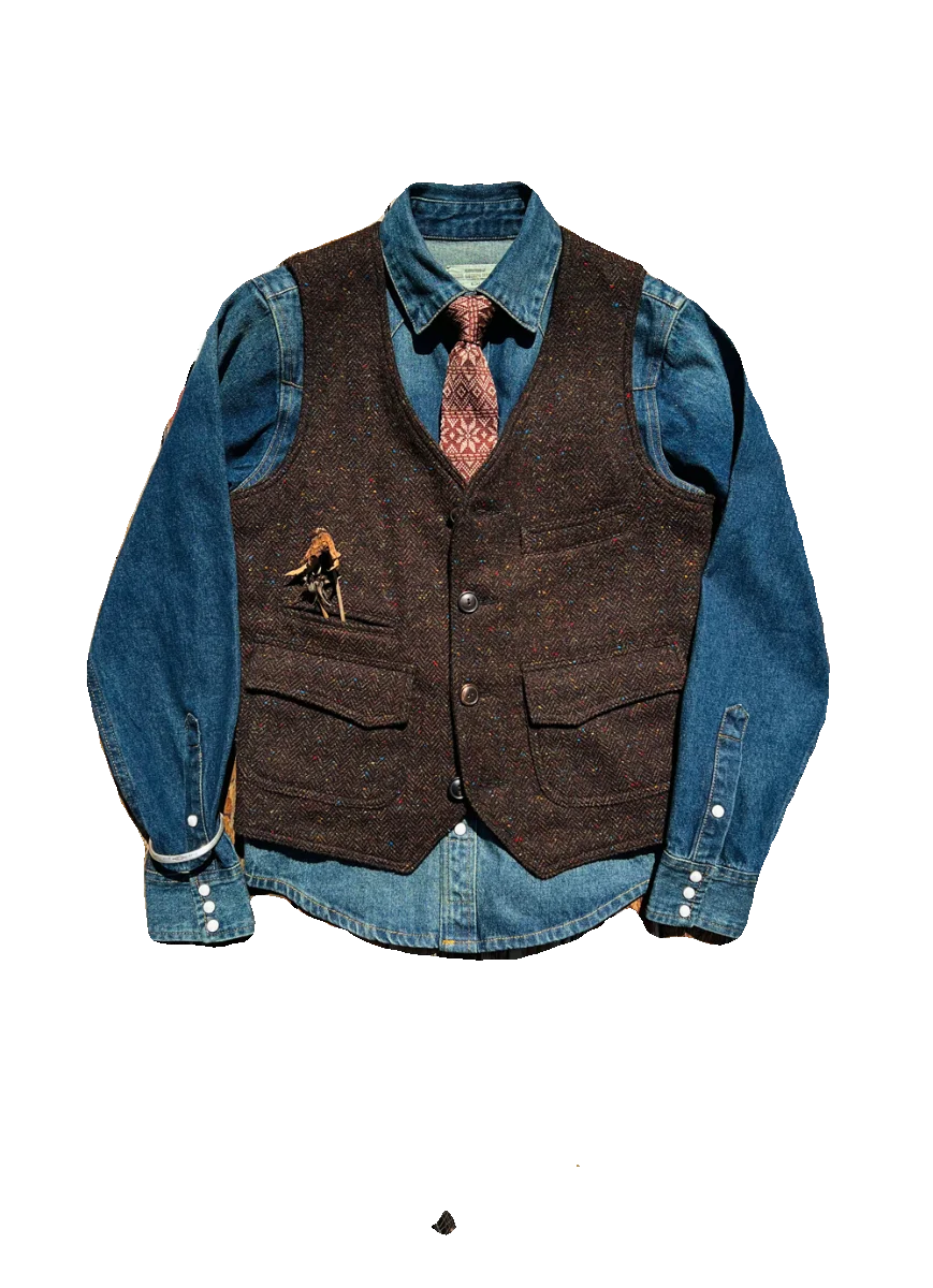American Retro Heavyweight Tweed Hunting Vest Woolen V-ne Workwear Vest Men's RL Khaki Faion Urban All-Season Slim Fit