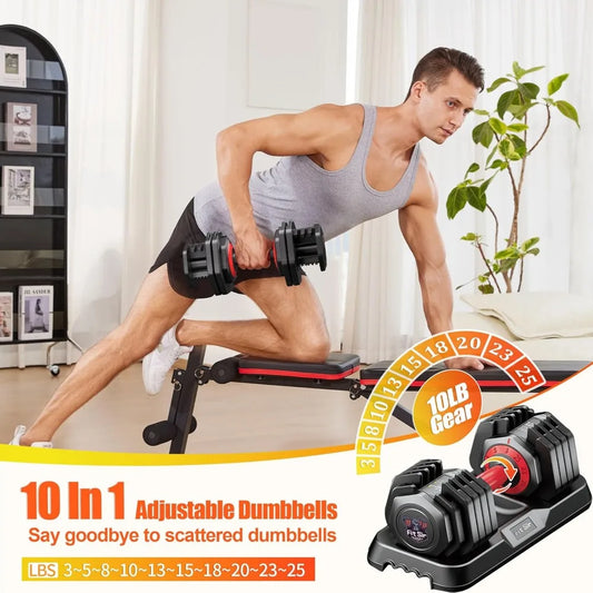 All-in-One 25/55/90 lbs Adjustable Dumbbells, 10-in-1 Free Weights with Non-Slip Grip Handles for Men and Women