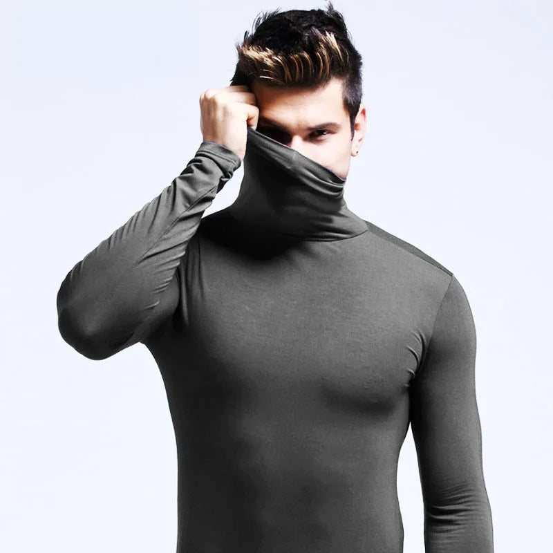 2025 New Men's keep warm Sport Casual High Neck Slim Fit Long Sleeve T-shirt turtleneck for men slim elastic thin pullover