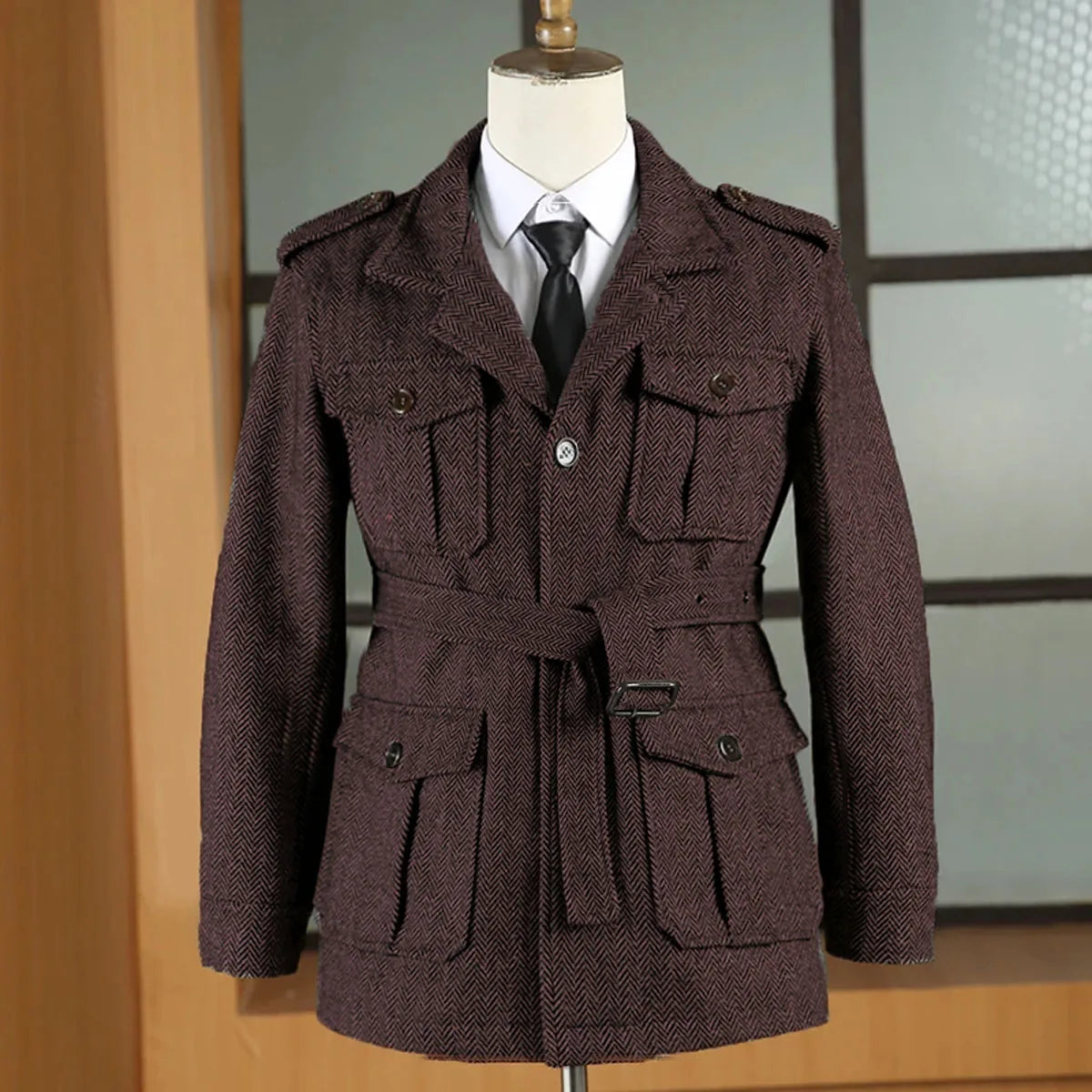 Hunting jacket British Men's Retro Multi-pocket Sport Coat With Belt Herringbone Business Causal Lapel Suit Blazers Tuxedos