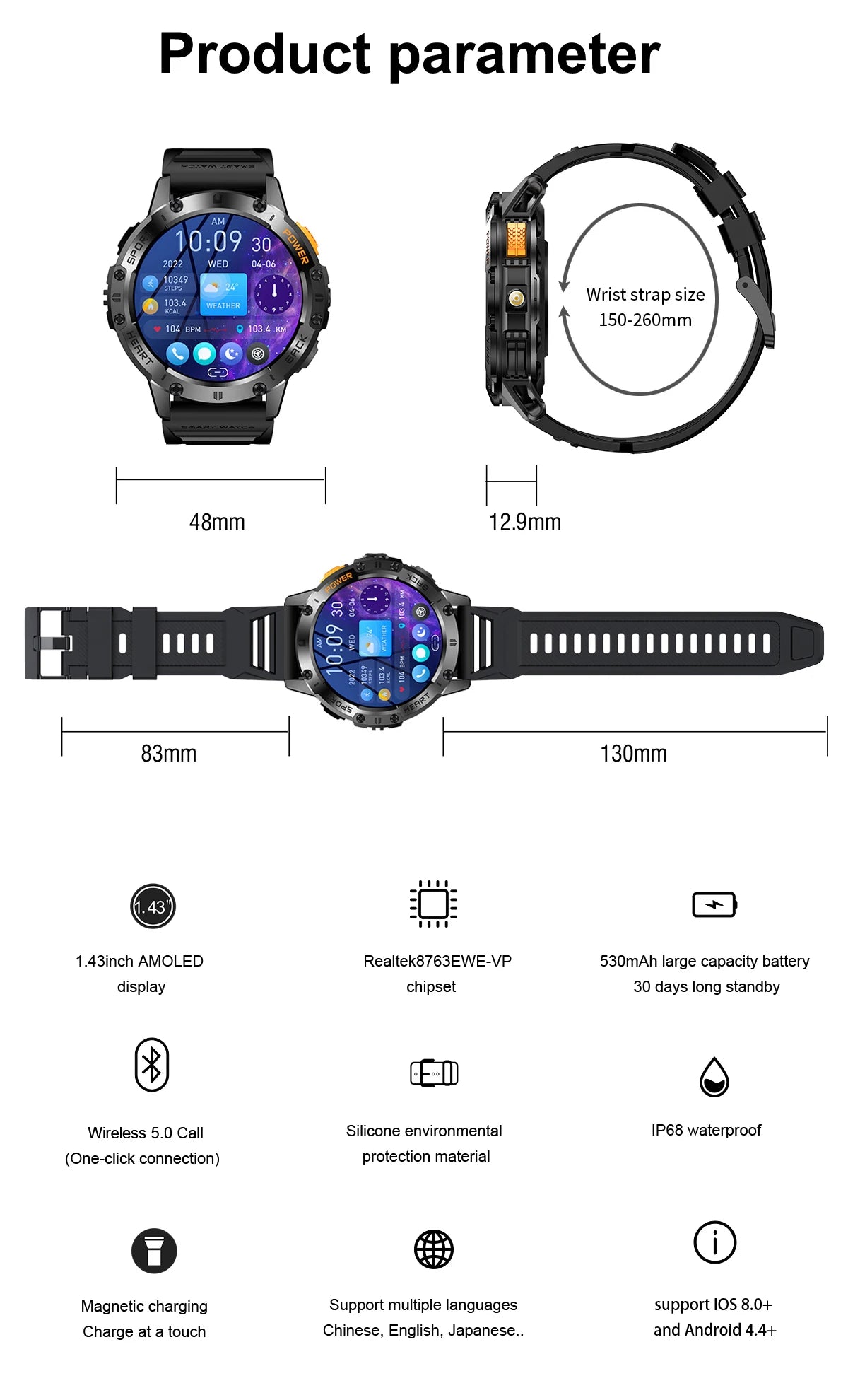 For Android ios New AMOLED Smart Watch Men with Flashlight Sports Waterproof Fitness Tracker Bluetooth Call Smartwatch Man+Box