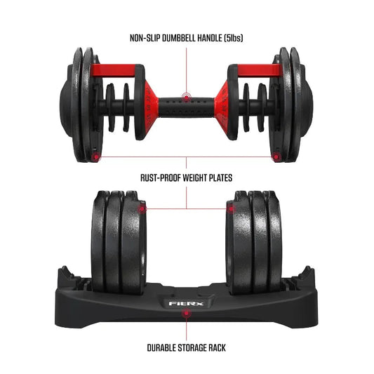 FitRx Adjustable Dumbbells, 52.5lb SmartBell Dumbbell Set with Quick-Select Weights for Home Gym 7 Sister Stars LLC