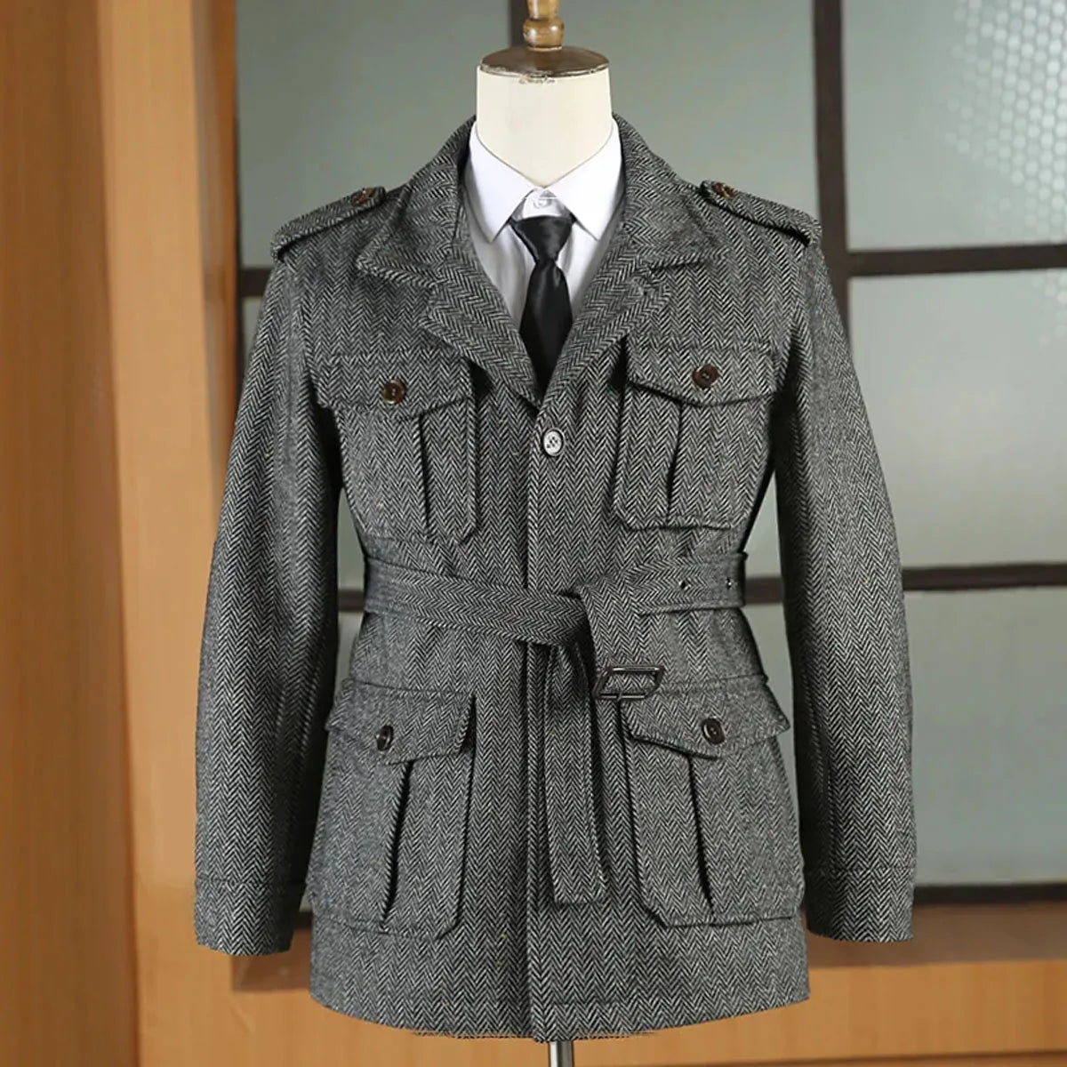 Hunting jacket British Men's Retro Multi-pocket Sport Coat With Belt Herringbone Business Causal Lapel Suit Blazers Tuxedos