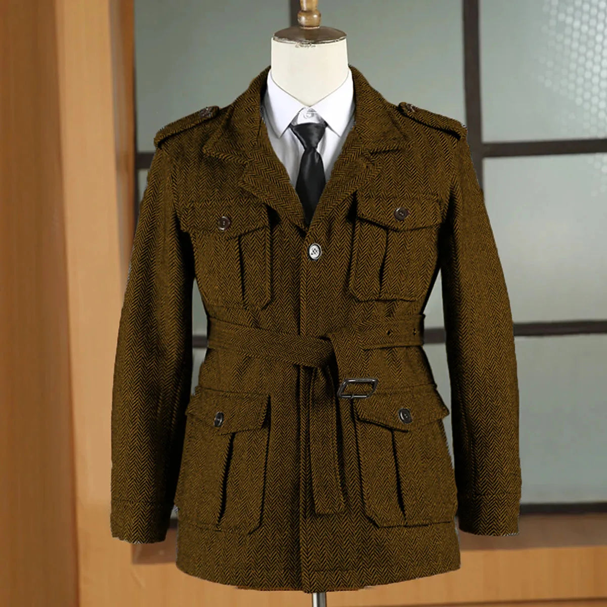 Hunting jacket British Men's Retro Multi-pocket Sport Coat With Belt Herringbone Business Causal Lapel Suit Blazers Tuxedos