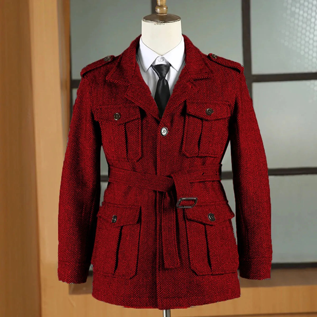 Hunting jacket British Men's Retro Multi-pocket Sport Coat With Belt Herringbone Business Causal Lapel Suit Blazers Tuxedos