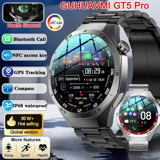 2025 New GUHUAVMI GT5 Pro Smart Watch Men HD AMOLED Screen GPS Motion trajectory HeartRate Bluetooth Call 1.52" SmartWatch IP68