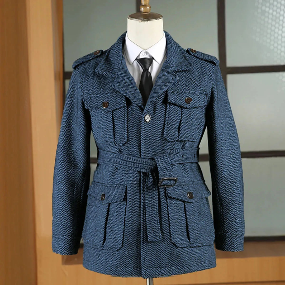 Hunting jacket British Men's Retro Multi-pocket Sport Coat With Belt Herringbone Business Causal Lapel Suit Blazers Tuxedos