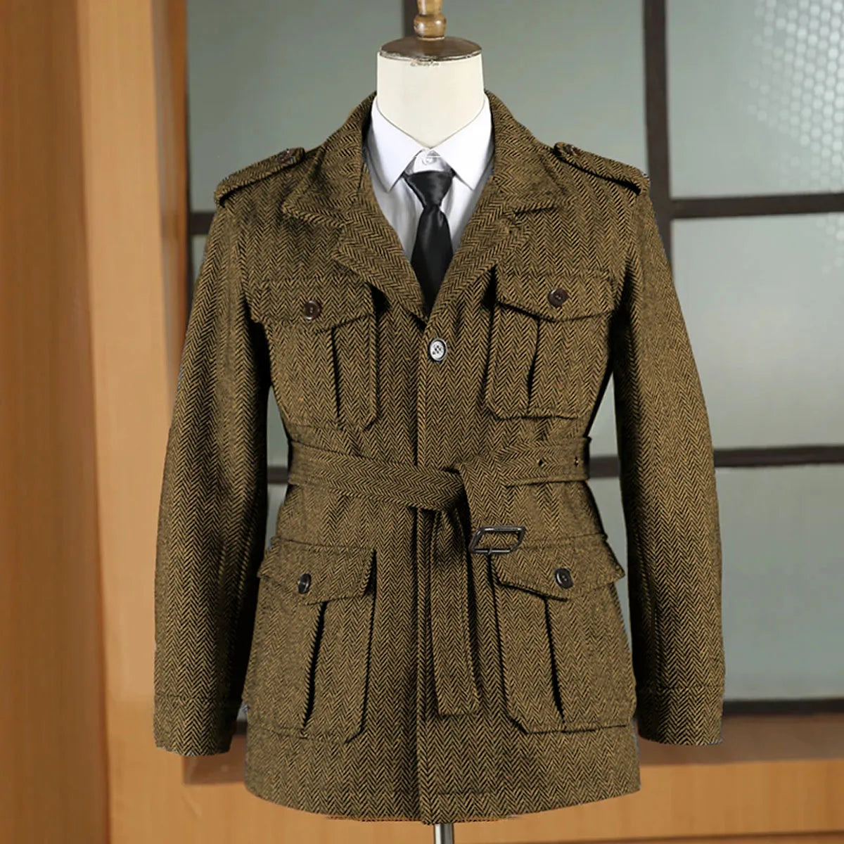 Hunting jacket British Men's Retro Multi-pocket Sport Coat With Belt Herringbone Business Causal Lapel Suit Blazers Tuxedos