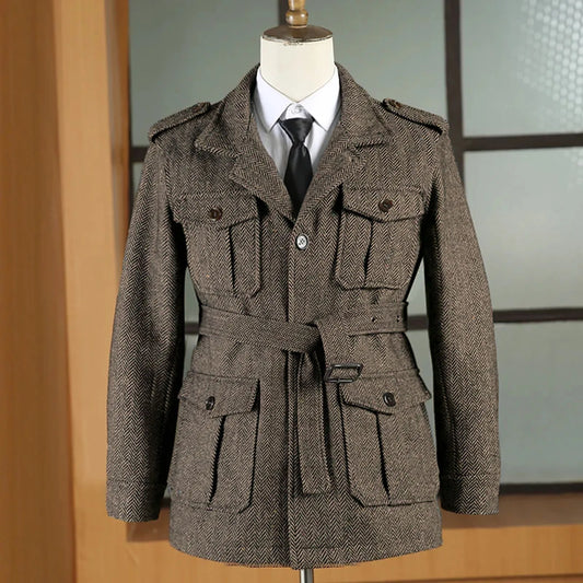 Hunting jacket British Men's Retro Multi-pocket Sport Coat With Belt Herringbone Business Causal Lapel Suit Blazers Tuxedos