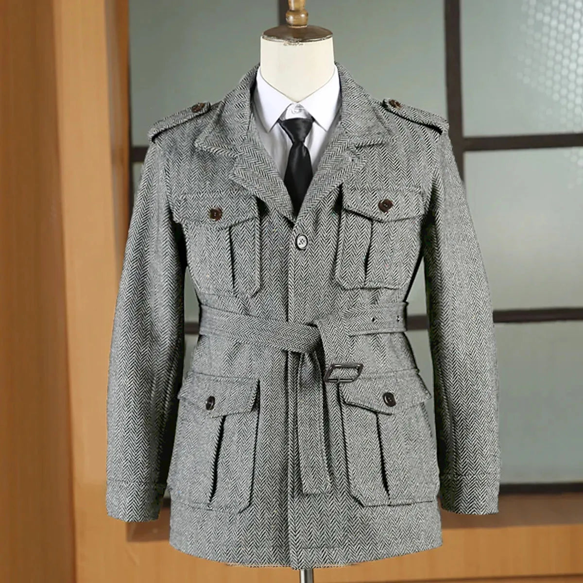 Hunting jacket British Men's Retro Multi-pocket Sport Coat With Belt Herringbone Business Causal Lapel Suit Blazers Tuxedos