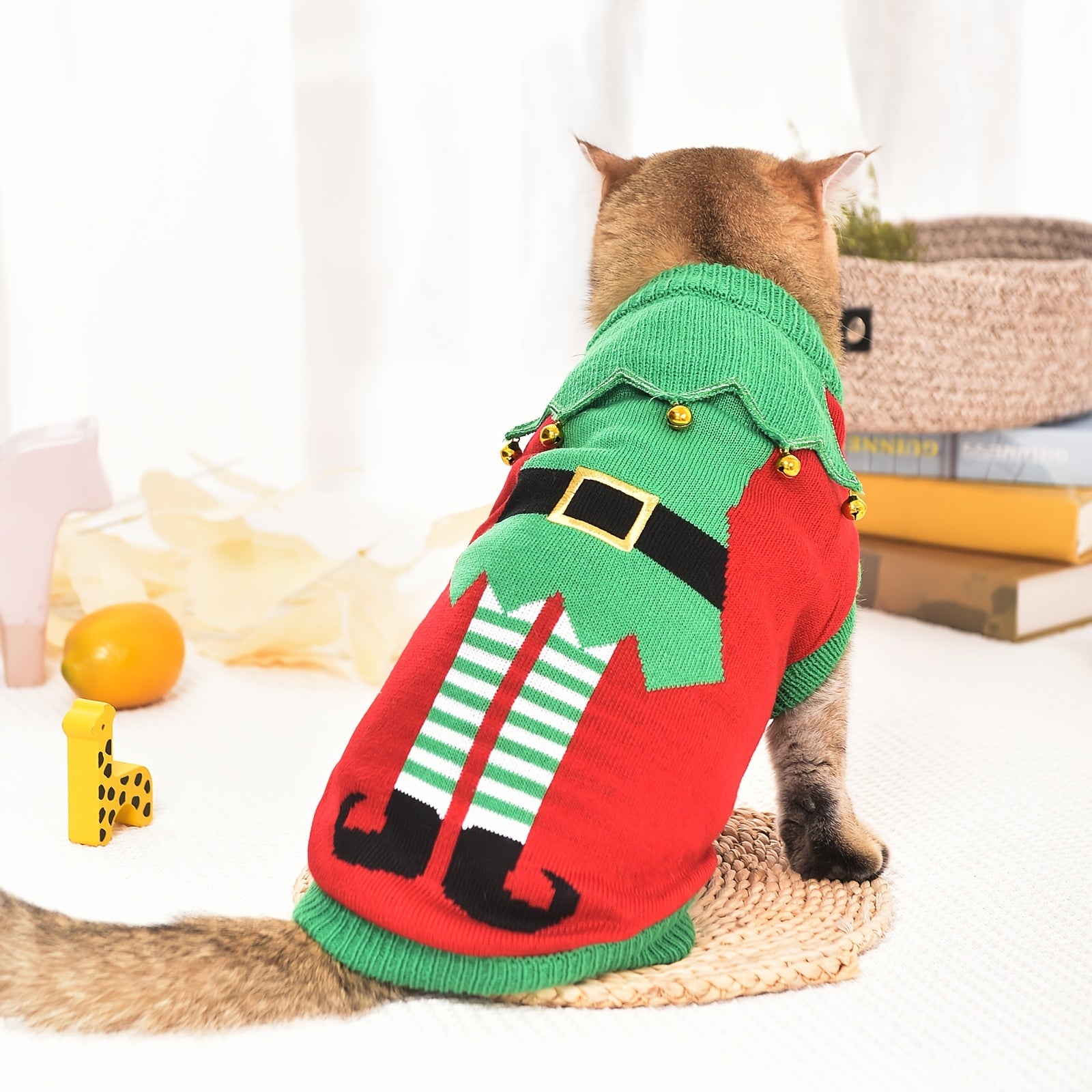 Christmas Pet Sweater For Dog & Cat, Festive Elf Costume Dog Sweater, Adorable Cat Clothes With Bell